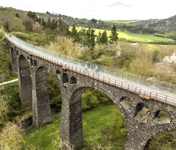 Zwei Radfahrer überqueren das Nette-Viadukt auf dem Maifeld-Radwanderweg, umgeben von grüner Landschaft und blühenden Bäumen., © Eifel Tourismus GmbH, Dominik Ketz Zwei Radfahrer überqueren das Nette-Viadukt auf dem Maifeld-Radwanderweg, umgeben von grüner Landschaft und blühenden Bäumen., © Eifel Tourismus GmbH, Dominik Ketz