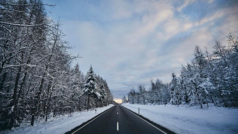 Eine schneebedeckte Straße, flankiert von verschneiten Bäumen. Der Himmel ist bewölkt und zeigt einen sanften Farbverlauf.