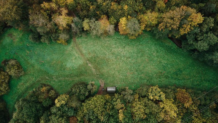 Eine Luftaufnahme von einem grün, bewaldeten Tal im Herbst. 