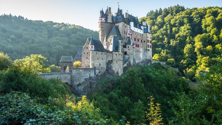Eine beeindruckende Burg auf einem Hügel, umgeben von üppigem Grün. Der Himmel ist klar und die Landschaft strahlt Ruhe aus.