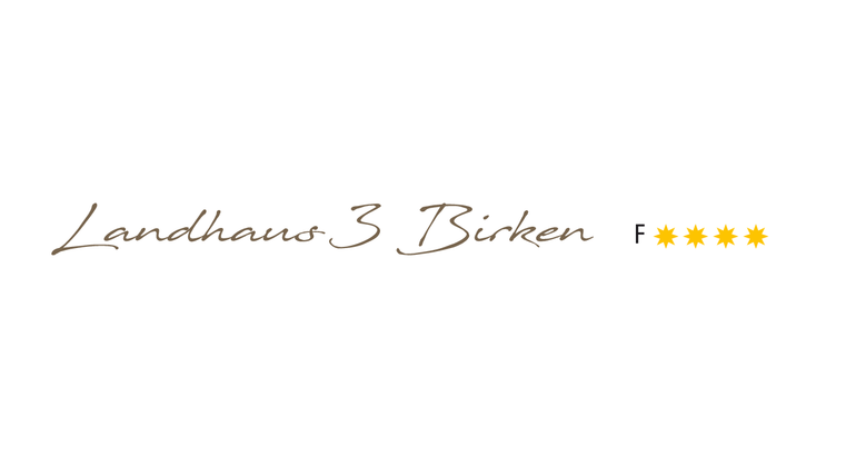 Eine elegante Schriftart präsentiert den Namen "Landhaus 3 Birken" mit vier goldenen Sternen. Das Design wirkt einladend und stilvoll.