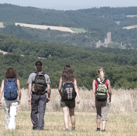 Vier Wanderer mit Rucksäcken gehen über ein Feld. Im Hintergrund ist die Burgruine Monreal zu sehen, umgeben von bewaldeten Hügeln., © Traumpfade/Kappest