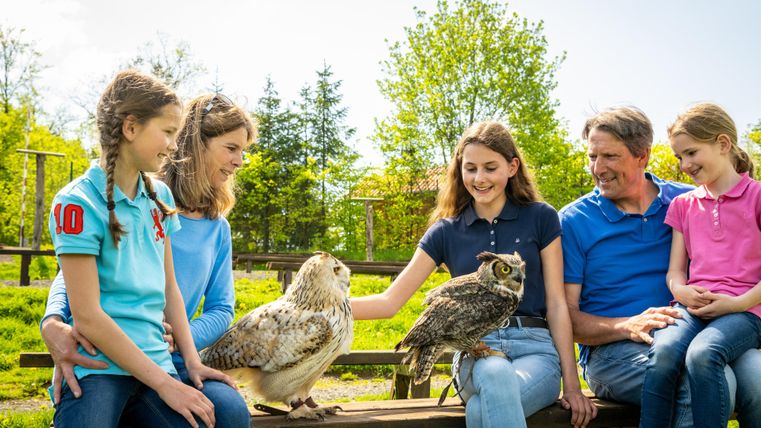 Eine Familie sitzt im Freien auf einer Bank und interagiert mit zwei Eulen. Im Hintergrund sind Bäume und grüner Rasen zu sehen.