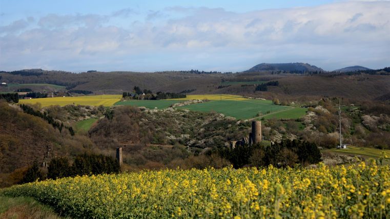 Eine malerische Landschaft mit bunten Feldern und sanften Hügeln. Der Himmel ist teils bewölkt und strahlt eine friedliche Atmosphäre aus.