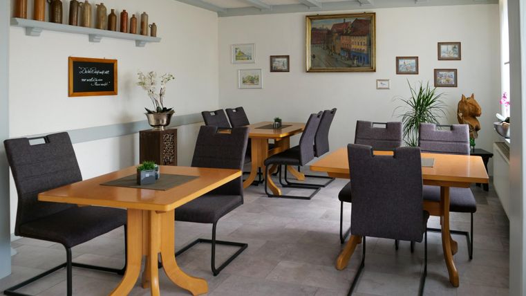 Een lichte en moderne eetkamer met houten stoelen en tafels. Aan de muren hangen enkele schilderijen, en er staan planten ter decoratie.