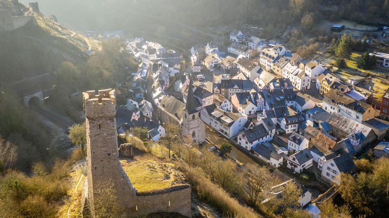 Eine alte Burgruine überblickt ein malerisches Dorf mit vielen Häusern. Die Landschaft ist von sanften Hügeln umgeben und im Hintergrund sind Baumkronen sichtbar.