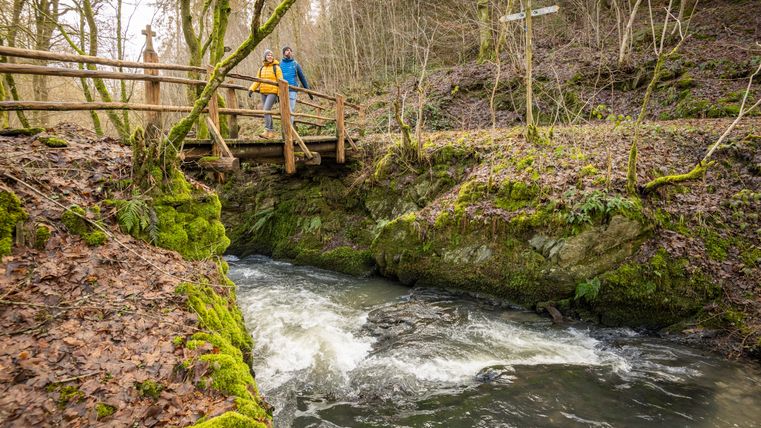 Wanderer auf einer Holzbrücke über einem schnell fließenden Bach im Tal der wilden Endert, umgeben von Wald und moosbewachsenen Felsen.