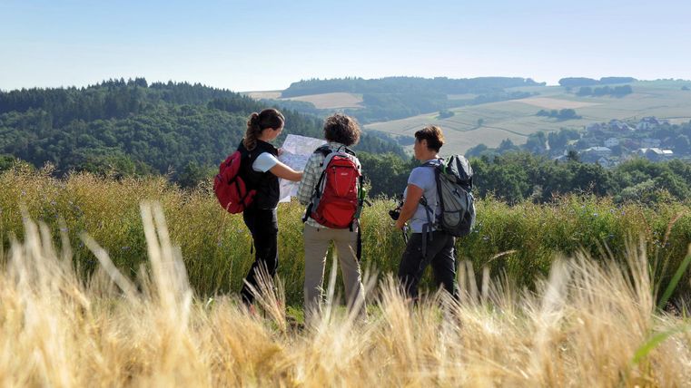 Drei Wanderer stehen auf einem Hügel und betrachten eine Karte. Im Hintergrund sind grüne Felder und Wälder zu sehen.