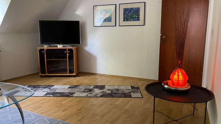 Ein gemütlicher Wohnraum mit einem Fernseher, einem Tisch und einer roten Lampe. An der Wand hängen einige Bilder, und der Boden ist mit einem Teppich bedeckt.