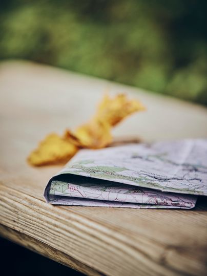 Eine gefaltete Wanderkarte liegt auf einer hölzernen Bank, daneben ein trockenes Herbstblatt – im Hintergrund unscharf grünes Laub.