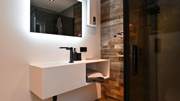 Ein modernes Badezimmer mit einem eleganten Waschbecken und einem großen Spiegel. Der Duschbereich ist klar durch eine Glaswand abgetrennt.