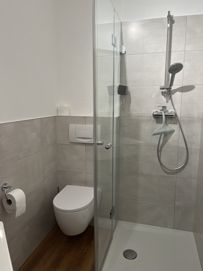 Ein modernes Badezimmer mit einer Duschkabine aus Glas und einer Toilette.