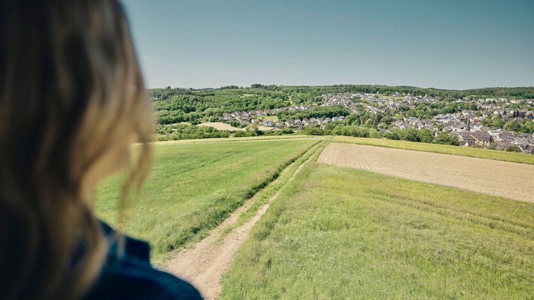 Eine Person blickt auf eine grüne Landschaft mit Feldern und einem kleinen Dorf im Hintergrund. Der Himmel ist klar und die Natur wirkt friedlich.