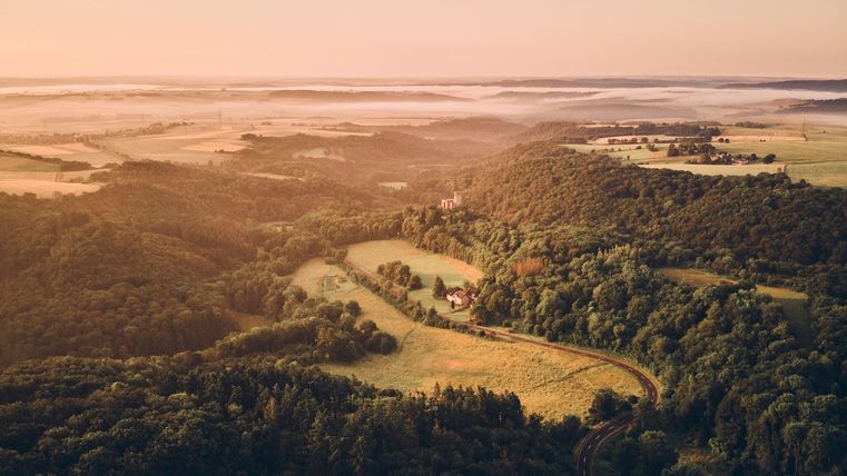 Stimmungsvoller Sonnenaufgang über dem Elzbachtal: Weiches Morgenlicht fällt über bewaldete Hügel, während Nebelschwaden in den Senken liegen und der Himmel in zarten Rosa- und Goldtönen leuchtet.