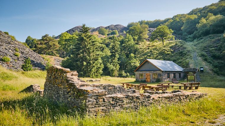 Im Vordergrund befinden sich alte Mauerreste von Wiesen umgeben. Im Hintergrund ist der Nachbau einen Spalthauses und zahlreiche Nadelbüme zu sehen. sehen. 
