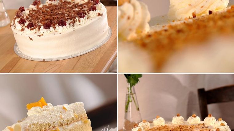 Eine leckere Auswahl an Torten mit Sahne und Früchten. Oben sind zwei runde Torten und unten eine Kuchenschnitte zu sehen.
