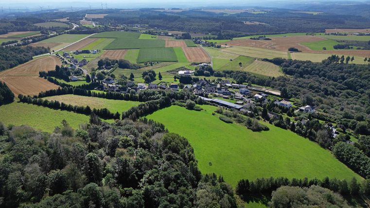 Eine weite Landschaft mit grünen Feldern und Wäldern. Im Hintergrund sind kleine Siedlungen und eine hügelige Umgebung zu sehen.