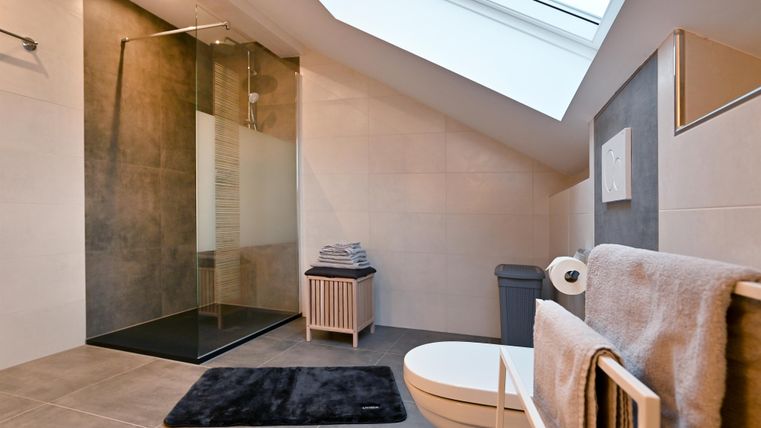 A modern bathroom with a walk-in shower and plenty of natural light. The decor is minimalist and stylish, with a neutral color scheme.