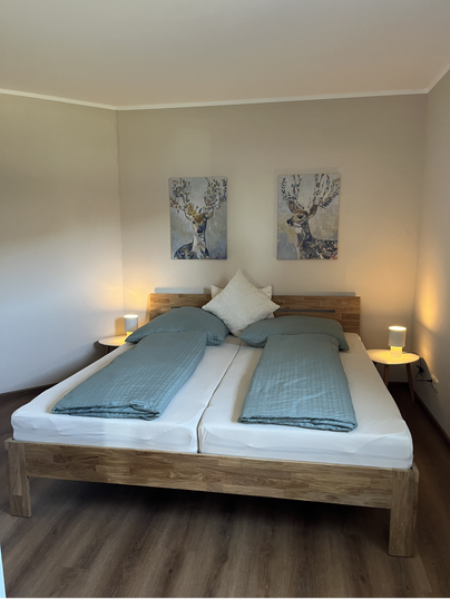 Ein modernes Schlafzimmer mit einem Doppelbett und zwei Nachttischen.