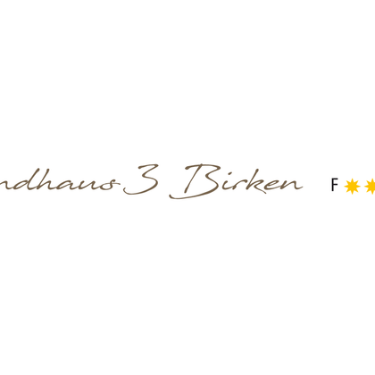 Une police élégante présente le nom "Landhaus 3 Birken" avec quatre étoiles dorées. Le design est accueillant et chic.