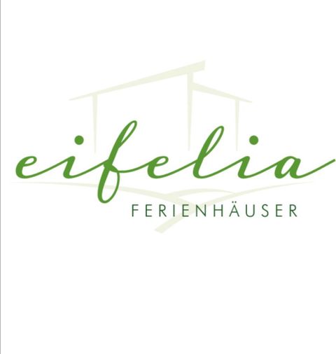 Ein minimalistisches Logo mit dem Namen "eifelia" und dem Zusatz "Ferienhäuser". Die Schrift ist in einer eleganten grünen Farbe gestaltet, die Natur und Ruhe symbolisiert.