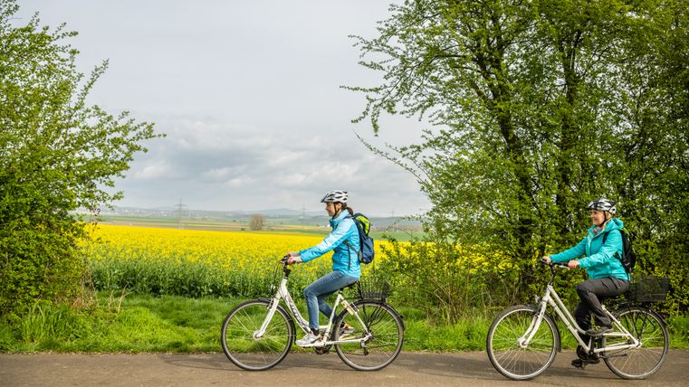 Zwei Radfahrer auf einem Weg neben einem blühenden Rapsfeld.
