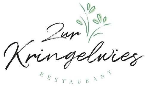 Ein Logo des Restaurants "Zur Kringelwies" mit stilisierten Pflanzenmotiven. Es kombiniert elegante Schriftarten in Schwarz und Grün.