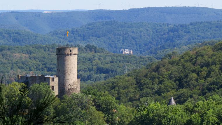 Ein historischer Turm ragt über eine bewaldete Landschaft. Im Hintergrund sind sanfte Hügel und einen klaren Himmel zu sehen.