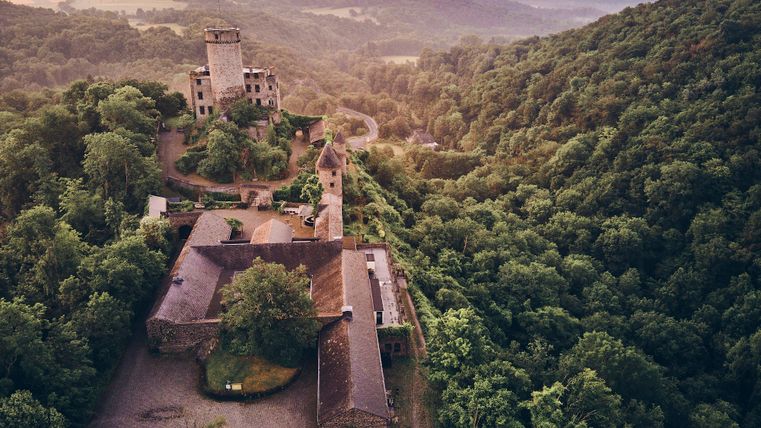 Luftaufnahme der Burg Pyrmont im sanften Morgenlicht: Die Burg mit rundem Bergfried, Innenhof und angrenzenden Wirtschaftsgebäuden liegt eingebettet zwischen dichten Wäldern und sanften Hügeln.