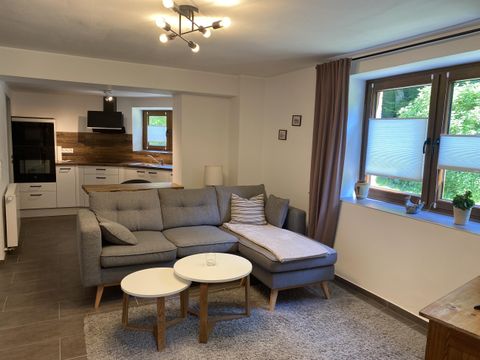 Ein modernes Wohnzimmer mit einem grauen Sofa und einem Teppich. Die Küche ist offen und gut beleuchtet, mit Fenstern, die nach draußen führen.