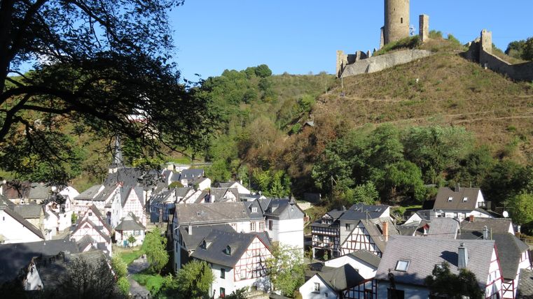 Eine malerische Dorfansicht mit Fachwerkhäusern. Im Hintergrund erhebt sich eine alte Burgruine auf einem Hügel.