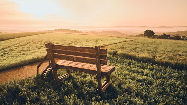 Eine überdimensionale Holzbank steht frei auf einer Wiese bei Möntenich in der Eifel. Vor ihr erstreckt sich eine offene Landschaft mit grünen Feldern und sanften Hügeln.