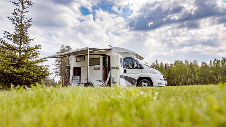 Ein Wohnmobil steht auf einer grünen Wiese unter einem bewölkten Himmel. Im Hintergrund sind Bäume zu sehen.