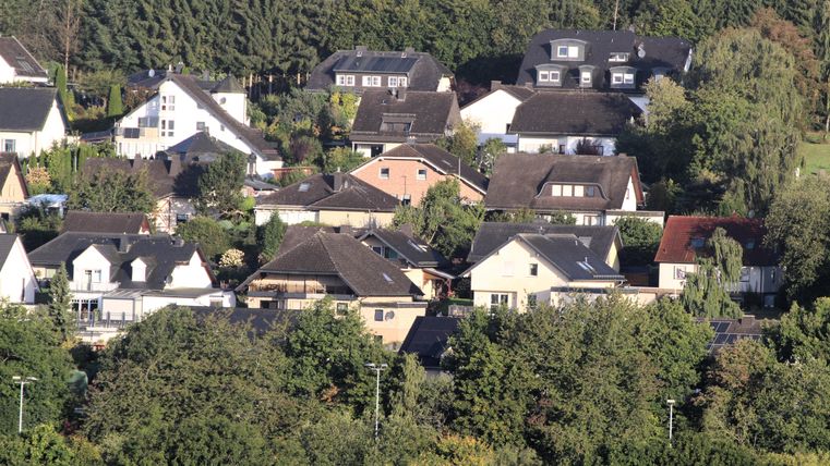 Eine ruhige Wohngegend mit verschiedenen Häusern und viel Grün. Bäume umgeben die Gebäude und schaffen eine angenehme Atmosphäre.