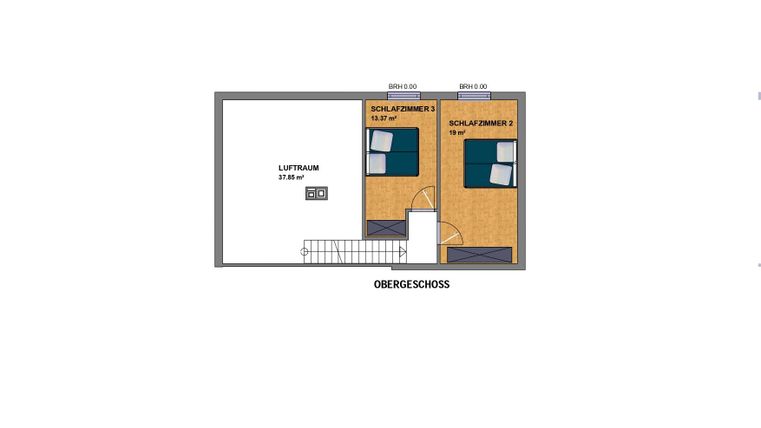 Eine Grundrisszeichnung eines Obergeschosses mit zwei Schlafzimmern und einer Treppe. Jedes Zimmer ist mit einem Schreibtisch und einem Bett ausgestattet.