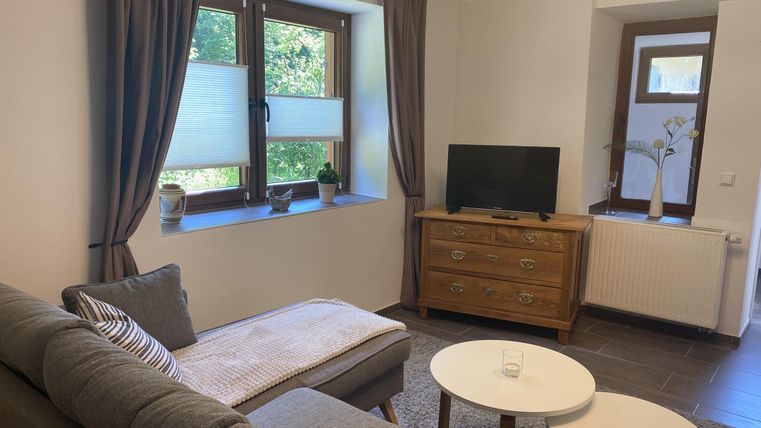 Ein gemütliches Wohnzimmer mit einem modernen Sofa, einem flachen Fernseher und einem Holztisch. Die Fenster lassen viel Tageslicht herein und bieten einen schönen Blick nach draußen.