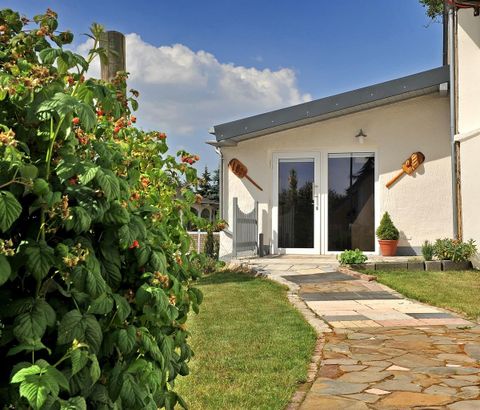 Ein einladendes Haus mit großen Fenstern und einer gepflegten Eingangstür. Der Garten ist grün und blühend, umgeben von bunten Pflanzen.