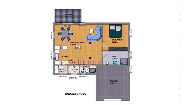 Eine Übersicht des Erdgeschosses eines Hauses. Das Layout zeigt verschiedene Räume und eine offene Wohnküche.