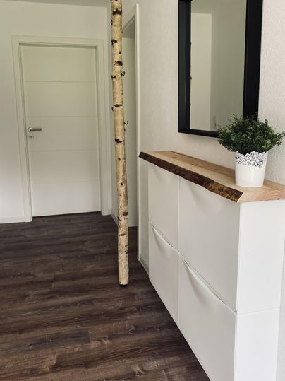 Ein moderner Flur mit Holzfußboden und hellen Wänden. Auf der linken Seite steht ein weißer Schrank mit einer Holzoberfläche und einer kleinen Pflanze in einem Topf.