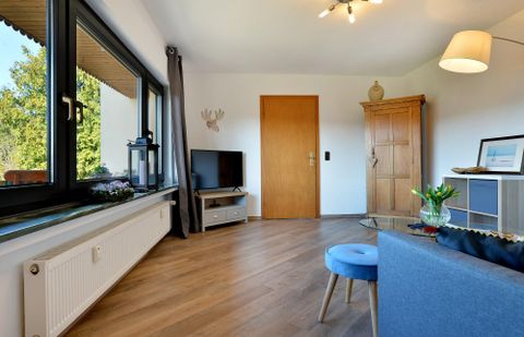 Een moderne woonkamer met houten vloer en grote ramen. Er is een blauwe stoel, een televisie en een decoratieve houten commode.