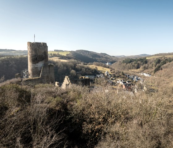 Ruinen der Monrealer Burgen in hügeliger Landschaft, umgeben von Bäumen und einem Dorf im Tal. Blauer Himmel und klare Sicht., © Eifel Tourismus GmbH, D. Ketz