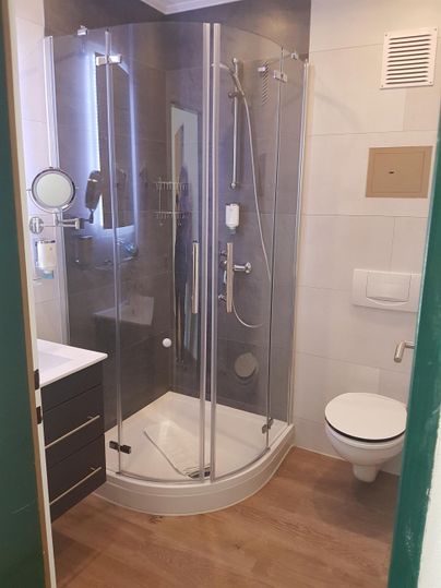 Ein modernes Badezimmer mit einer gläsernen Dusche und einem Waschbecken. Der Fußboden ist aus Holz und es gibt eine Toilette.