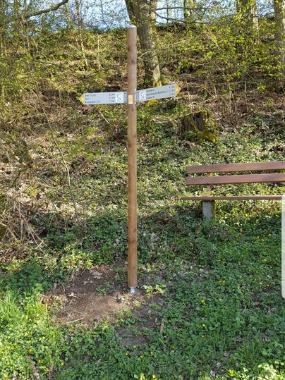 Ein Wanderwegweiser aus Holz steht an einer grünen Wiese. Im Hintergrund sind Bäume und eine Sitzbank zu sehen.