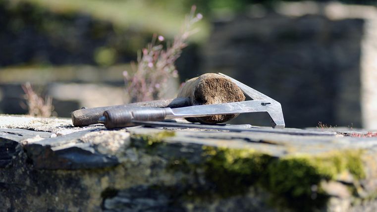 Ein paar Werkzeuge liegen auf einem Stein. Im Hintergrund sind verschwommene natürliche Elemente zu sehen.