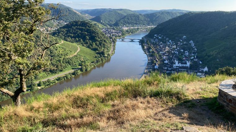 Eine malerische Aussicht auf einen Fluss, umgeben von sanften Hügeln und grünen Wäldern. Im Hintergrund sind kleine Häuser am Ufer zu sehen.