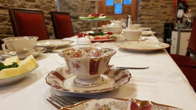 Ein gedeckter Tisch mit feinem Geschirr und Leckereien. Im Vordergrund steht eine schöne Tasse und im Hintergrund sind Köstlichkeiten angerichtet.