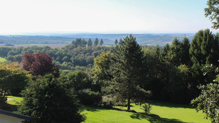 Eine weitläufige Landschaft mit grünen Wiesen und Bäumen. Im Hintergrund sind sanfte Hügel und ein klarer Himmel zu sehen.