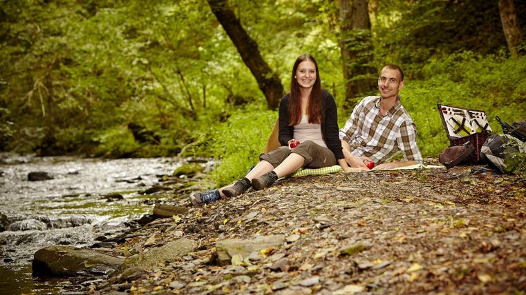 Ein Paar sitzt entspannt am Ufer eines kleinen Baches in einem Wald. Sie genießen die Natur und die ruhige Atmosphäre.