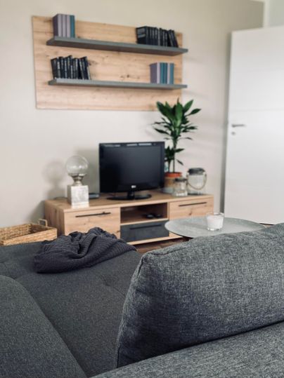 Ein gemütliches Wohnzimmer mit einer grauen Couch und einem Fernseher auf einem Holzschrank. Im Hintergrund stehen Bücherregale und eine Pflanze sorgt für eine angenehme Atmosphäre.