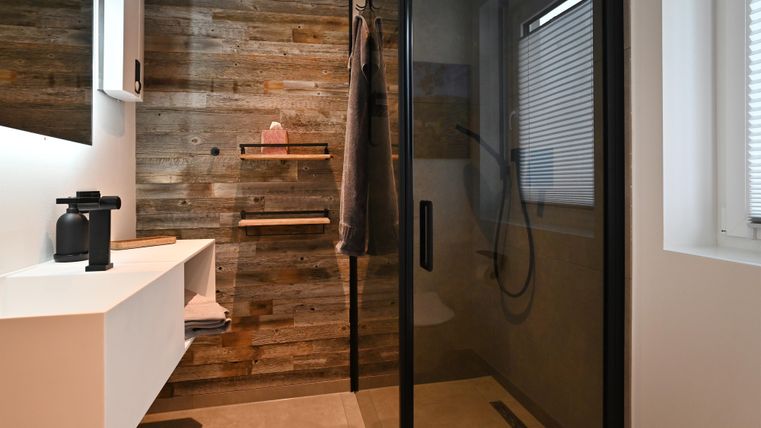 Ein modernes Badezimmer mit einer Glasdusche und Holzverkleidung. Die Wände sind in warmen Tönen gehalten, und es gibt schlichte Sanitäranlagen.